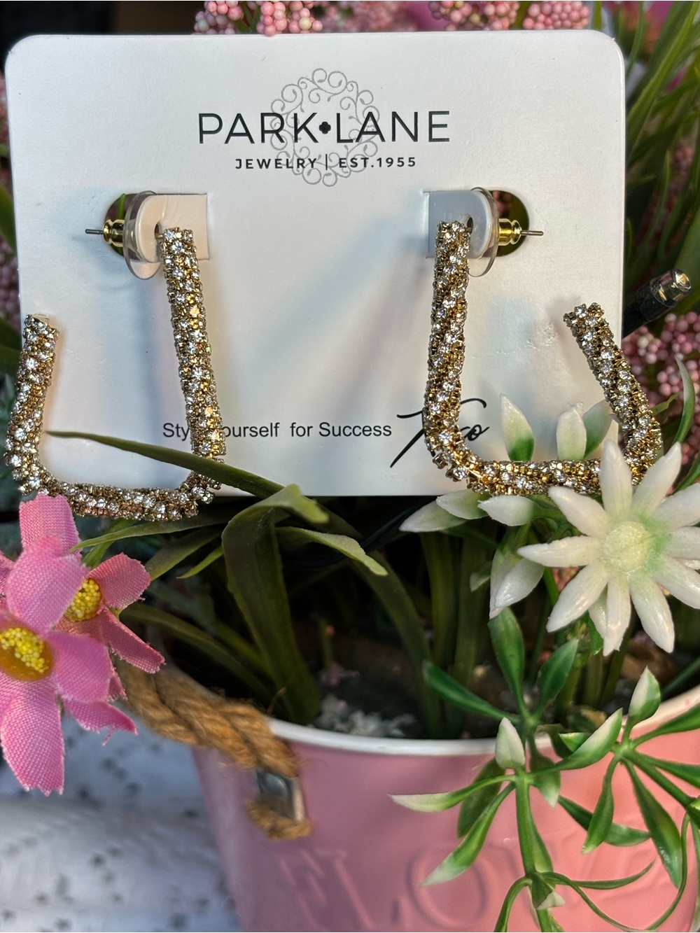 Park Lane London Sparkle Gold Crystal Square Hoop Earrings with Pavé Detail - Picture 3 of 8